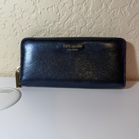 Kate Spade NY Metallic Night Navy Blue Leather Zip Around Continental Wallet - Picture 4 of 13